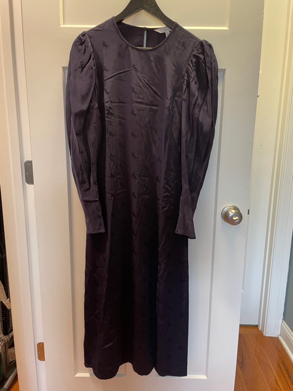 Navy Long-Sleeve Midi Dress with Puff Shoulders and Horse Print